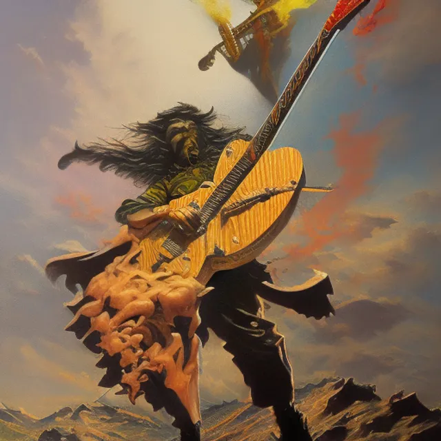 lightning bolt striking a metal electric flyng v guitar carved out of a mountain, very dramatic, painted by Frank Frazetta and Alex Ross Norman Rockwell, oil, gouache, airbrushed, incredible,