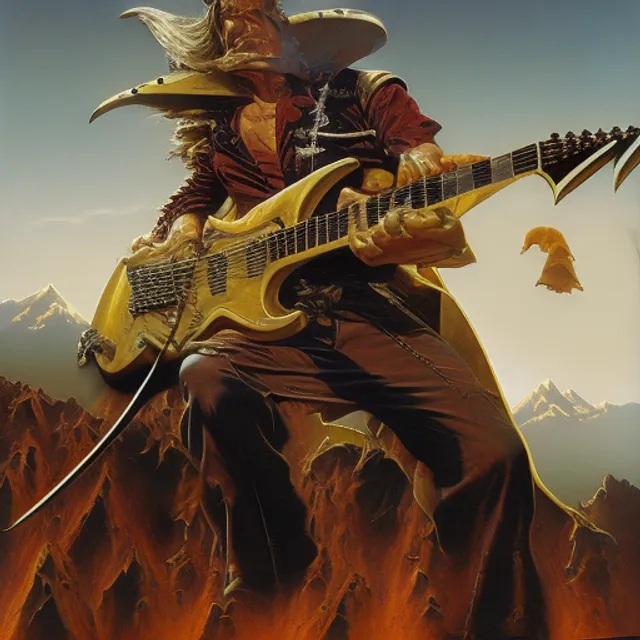lightning bolt striking a metal electric flyng v guitar carved out of a mountain, very dramatic, painted by Frank Frazetta and Alex Ross Norman Rockwell, oil, gouache, airbrushed, incredible,