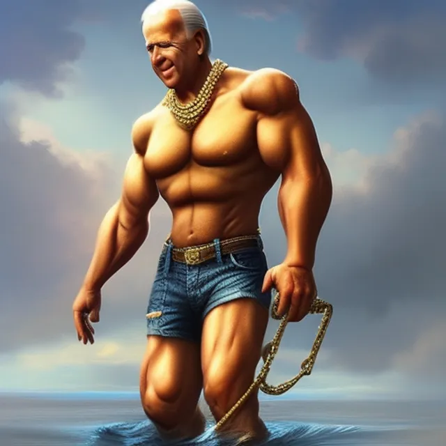 super muscular Joe Biden wearing cycling shorts and gold chains walking on water, elegant, real life skin, intricate, high detailed, artstation, concept art, smooth, sharp focus, art by artgerm and greg rutkowski. make it more gritty and realistic