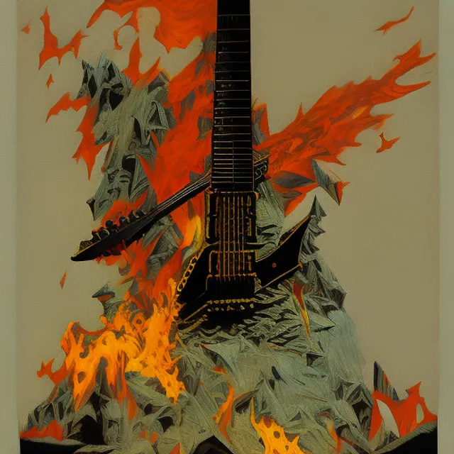 lightning bolt striking a metal electric flyng v guitar carved out of a mountain, very dramatic, painted by Frank Frazetta and Alex Ross Norman Rockwell, oil, gouache, airbrushed, incredible,