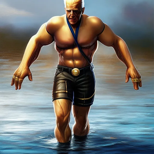 super muscular Joe Biden wearing cycling shorts and gold chains walking on water, elegant, real life skin, intricate, high detailed, artstation, concept art, smooth, sharp focus, art by artgerm and greg rutkowski. make it more gritty and realistic