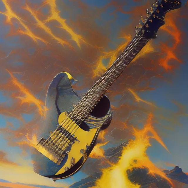lightning bolt striking a metal electric flyng v guitar carved out of a mountain, very dramatic, painted by Frank Frazetta and Alex Ross Norman Rockwell, oil, gouache, airbrushed, incredible,