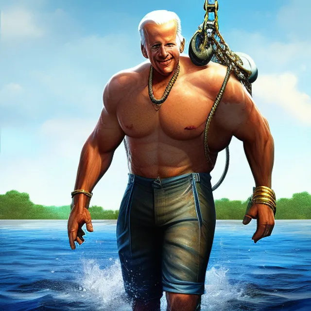 super muscular Joe Biden wearing cycling shorts and gold chains walking on water, elegant, real life skin, intricate, high detailed, artstation, concept art, smooth, sharp focus, art by artgerm and greg rutkowski. make it more gritty and realistic