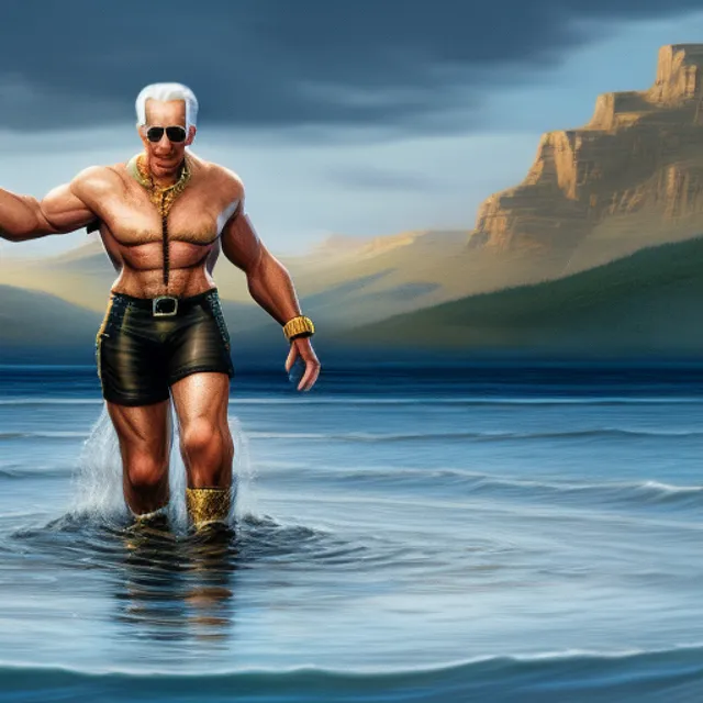 super muscular Joe Biden wearing cycling shorts and gold chains walking on water, elegant, real life skin, intricate, high detailed, artstation, concept art, smooth, sharp focus, art by artgerm and greg rutkowski. make it more gritty and realistic