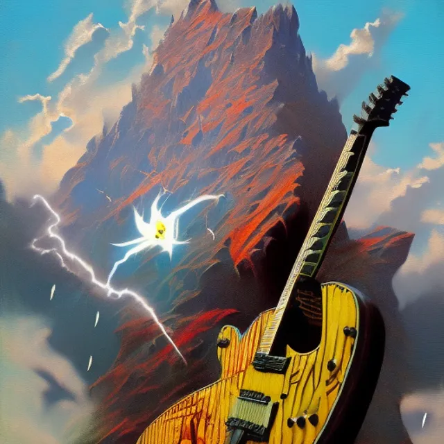 lightning striking a metal electric flyng v guitar carved out of a mountain, very dramatic, painted by Frank Frazetta and Alex Ross, Norman Rockwell, oil, gouache, airbrushed, incredible,