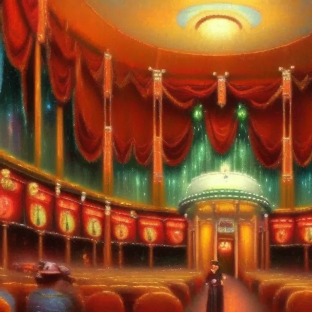 an old time movie palace painted by Thomas Kinkade