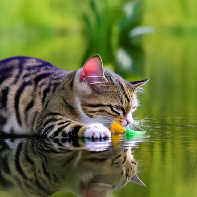 Cat drinking from pond