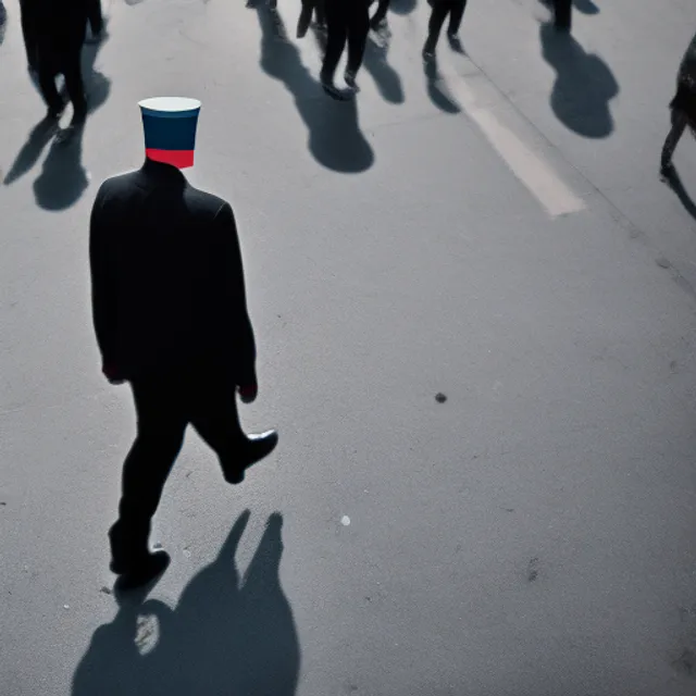 a man walking through crowd wears black rubber boot in his head