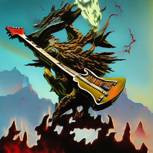  a glowing heavy metal electric flyng v guitar carved out of a mountain, very dramatic, painted by Frank Frazetta, oil, gouache, airbrushed, incredible, movie poster art