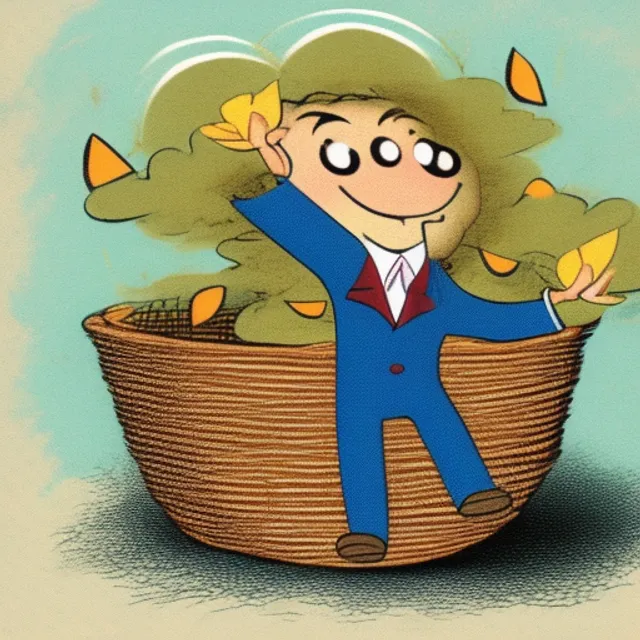 A cartoon man falls in a basket