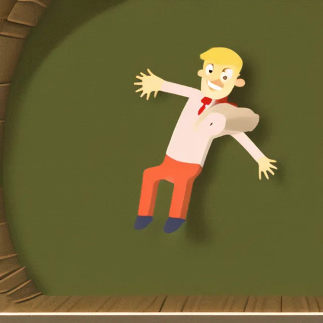 A cartoon man falls in a basket