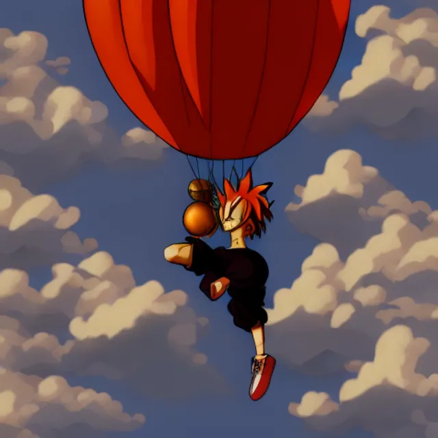 Goku dragon ball,carton attached to hot air balloon:1.2), (dark colors:1.2), snthwve style wallpaper