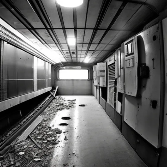 An abandoned space ship in a space station in an unknown part of the universe. The corridors are dark and dusty, with debris and rubble everywhere. This station was once full of life and activity, but now it seems abandoned for years. Occasionally you can hear the sound of the wind blowing through the corridors, but otherwise it is quiet and eerie. The control room is deserted and the screens are black, and the machines seem to have come to a standstill long ago. The only light comes from the flashing red warning lights, which create a strange atmosphere. It is clear that something serious happened at this station at some point, but what it was remains a mystery. It feels like loneliness and lostness, like being all alone in an unknown corner of space. Yet you also feel a sense of adventure and curiosity, which may still be discovered in this mysterious environment. with a view of space