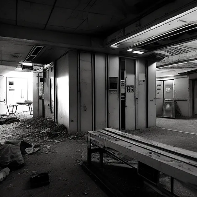 An abandoned space ship in a space station in an unknown part of the universe. The corridors are dark and dusty, with debris and rubble everywhere. This station was once full of life and activity, but now it seems abandoned for years. Occasionally you can hear the sound of the wind blowing through the corridors, but otherwise it is quiet and eerie. The control room is deserted and the screens are black, and the machines seem to have come to a standstill long ago. The only light comes from the flashing red warning lights, which create a strange atmosphere. It is clear that something serious happened at this station at some point, but what it was remains a mystery. It feels like loneliness and lostness, like being all alone in an unknown corner of space. Yet you also feel a sense of adventure and curiosity, which may still be discovered in this mysterious environment. with a view of space. colored image.