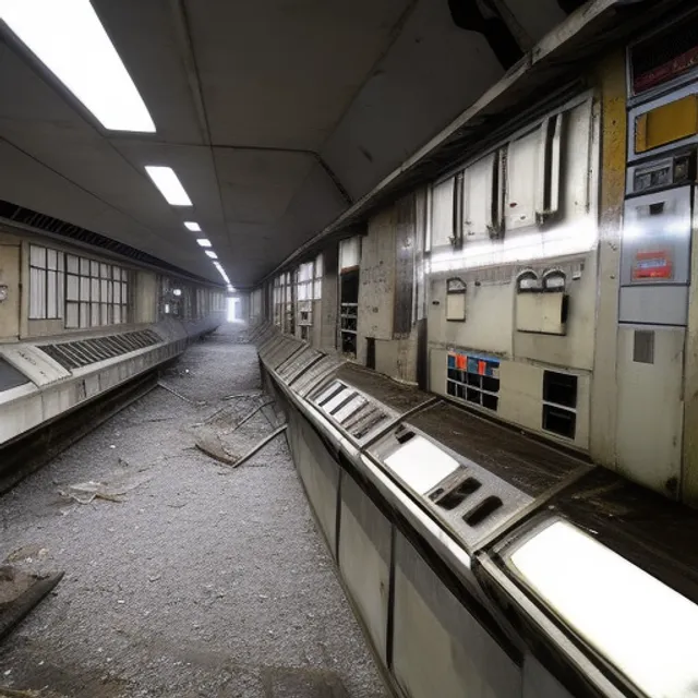 An abandoned space ship in a space station in an unknown part of the universe. The corridors are dark and dusty, with debris and rubble everywhere. This station was once full of life and activity, but now it seems abandoned for years. Occasionally you can hear the sound of the wind blowing through the corridors, but otherwise it is quiet and eerie. The control room is deserted and the screens are black, and the machines seem to have come to a standstill long ago. The only light comes from the flashing red warning lights, which create a strange atmosphere. It is clear that something serious happened at this station at some point, but what it was remains a mystery. It feels like loneliness and lostness, like being all alone in an unknown corner of space. Yet you also feel a sense of adventure and curiosity, which may still be discovered in this mysterious environment. with a view of space. colored image.