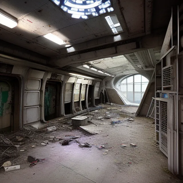 An abandoned space ship in a space station in an unknown part of the universe. The corridors are dark and dusty, with debris and rubble everywhere. This station was once full of life and activity, but now it seems abandoned for years. Occasionally you can hear the sound of the wind blowing through the corridors, but otherwise it is quiet and eerie. The control room is deserted and the screens are black, and the machines seem to have come to a standstill long ago. The only light comes from the flashing red warning lights, which create a strange atmosphere. It is clear that something serious happened at this station at some point, but what it was remains a mystery. It feels like loneliness and lostness, like being all alone in an unknown corner of space. Yet you also feel a sense of adventure and curiosity, which may still be discovered in this mysterious environment. with a view of space. colored image. 