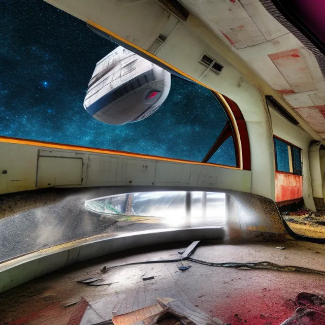 colored image of An abandoned space ship in a space station with a view of space in an unknown part of the universe. The corridors are dark and dusty, with debris and rubble everywhere. This station was once full of life and activity, but now it seems abandoned for years. Occasionally you can hear the sound of the wind blowing through the corridors, but otherwise it is quiet and eerie. The control room is deserted and the screens are black, and the machines seem to have come to a standstill long ago. The only light comes from the flashing red warning lights, which create a strange atmosphere. It is clear that something serious happened at this station at some point, but what it was remains a mystery. It feels like loneliness and lostness, like being all alone in an unknown corner of space. Yet you also feel a sense of adventure and curiosity, which may still be discovered in this mysterious environment.