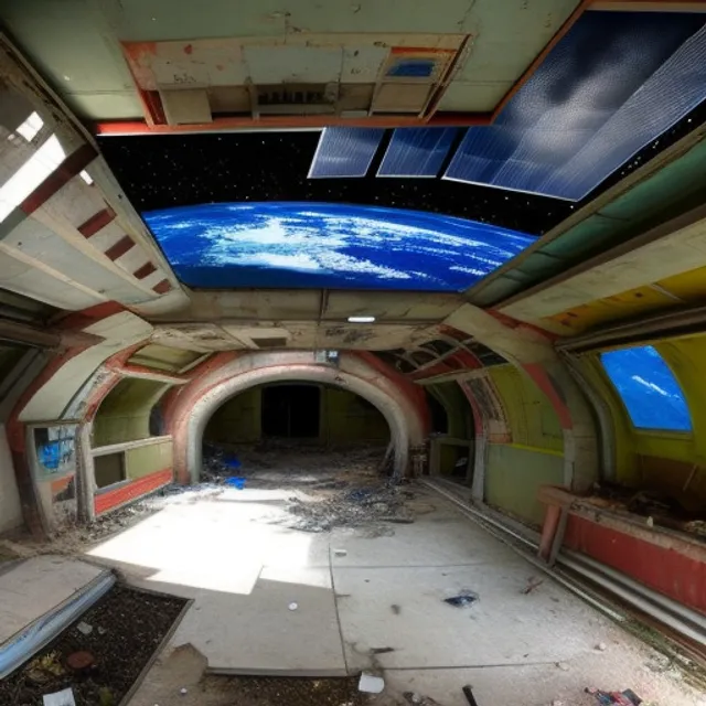 colored picture of An abandoned space ship in a space station with a view of space in an unknown part of the universe. The corridors are dark and dusty, with debris and rubble everywhere. This station was once full of life and activity, but now it seems abandoned for years. Occasionally you can hear the sound of the wind blowing through the corridors, but otherwise it is quiet and eerie. The control room is deserted and the screens are black, and the machines seem to have come to a standstill long ago. The only light comes from the flashing red warning lights, which create a strange atmosphere. It is clear that something serious happened at this station at some point, but what it was remains a mystery. It feels like loneliness and lostness, like being all alone in an unknown corner of space. Yet you also feel a sense of adventure and curiosity, which may still be discovered in this mysterious environment.