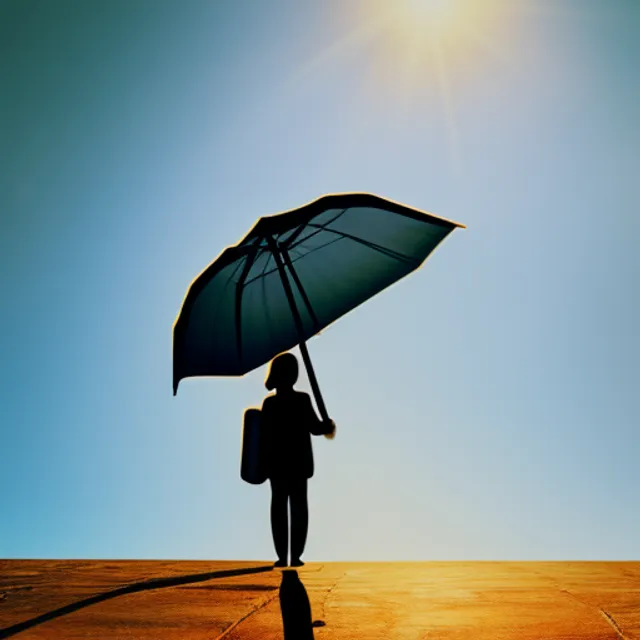 With an umbrella in the sunlight, I can stand in the middle of it and be safe from the rays. In the background the sun shines brighter and casts an orange hue on the umbrella.