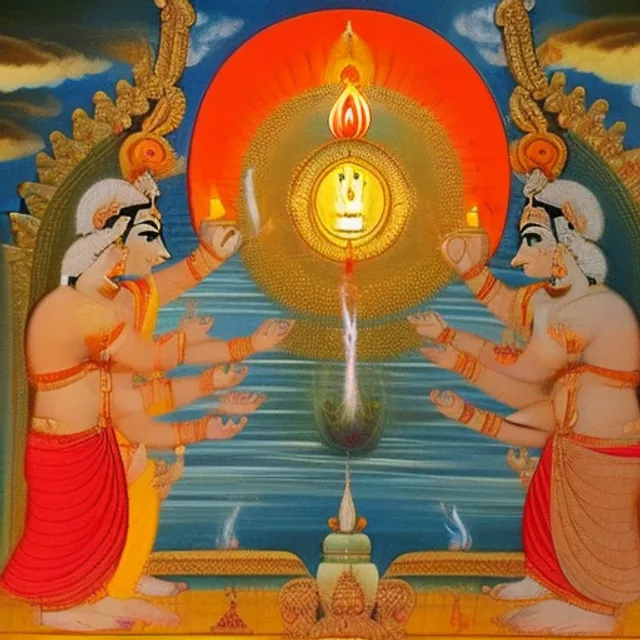 The image of Brahma and Vishnu engaged in a heated argument, with the Jyotirlinga appearing before them as a huge pillar of fire.