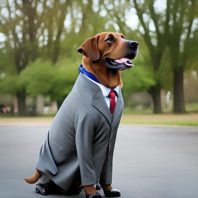 A big dog standing like a man wearing coat and tie