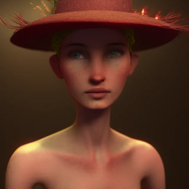 a lady wearing a hat. full shot, detailed skin texture, ethereal, octane render
