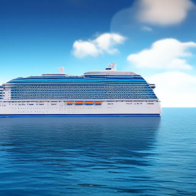 An insanely detailed cruise ship driving on a warm sunny day at the dark blue sea,  photorealistic