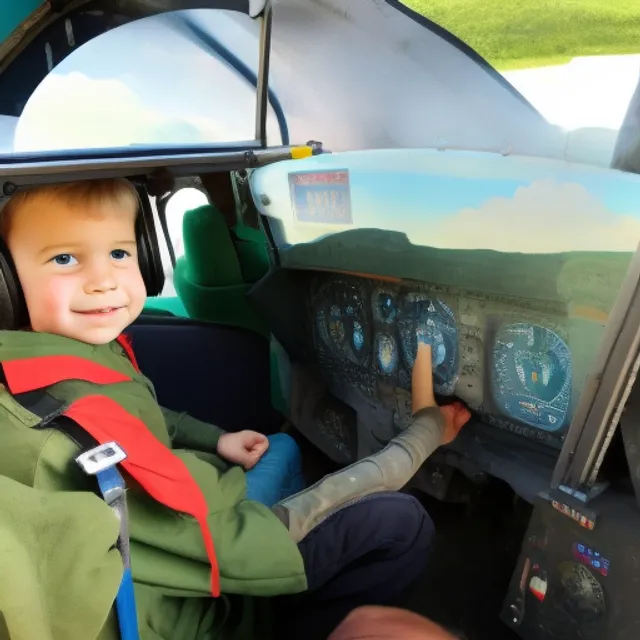 The boy setting in helicopter 