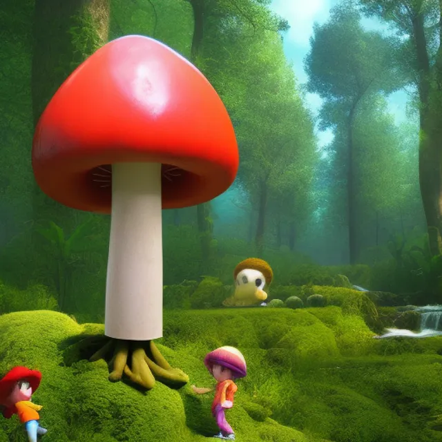 a giant mushroom with a dolls on top in a forest