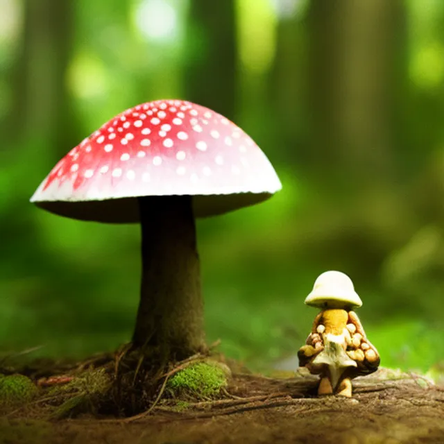 a giant mushroom with a little doll on of the top mushroom 
in a forest