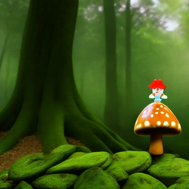 a giant mushroom with a little doll on of the top mushroom 
in a forest
