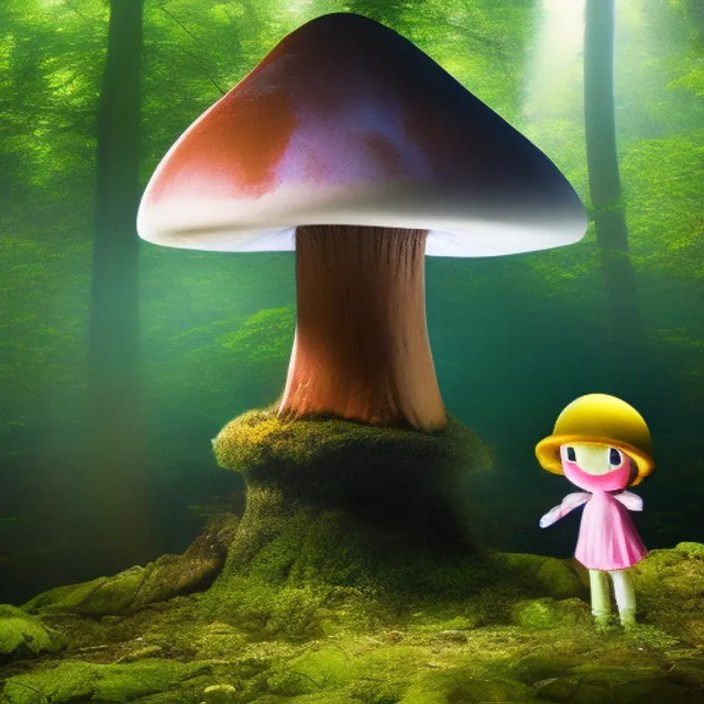 a giant mushroom with a little doll on of the top mushroom 
in a forest