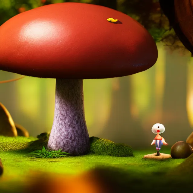 giant mushroom with a little doll on of the top mushroom in a forest, Magnificent, Cleancore, Gloomcore, body shot, textured, 100mm, game icon, brown colors, Classical Realism, spot lighting, High quality
