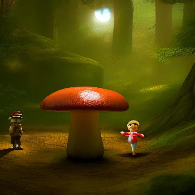 giant mushroom with a little doll on of the top mushroom in a forest, Magnificent, Cleancore, Gloomcore, body shot, textured, 100mm, game icon, brown colors, Classical Realism, spot lighting, High quality
