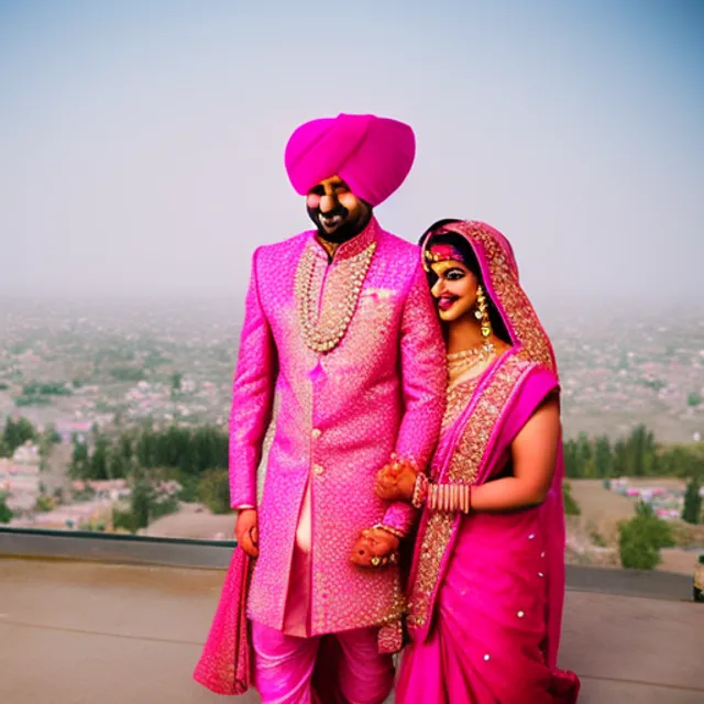 An Indian wedding, bride wearing pink lengha and groom a turban.