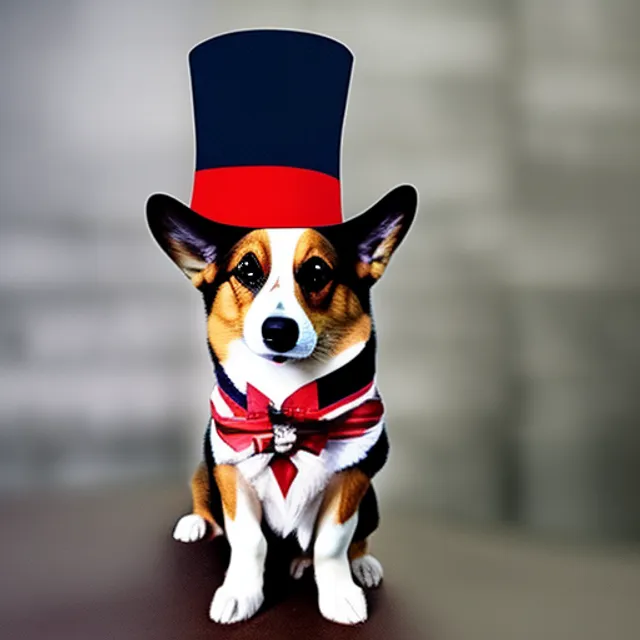 a corgi wearing a top hat with the Union Jack flag on it