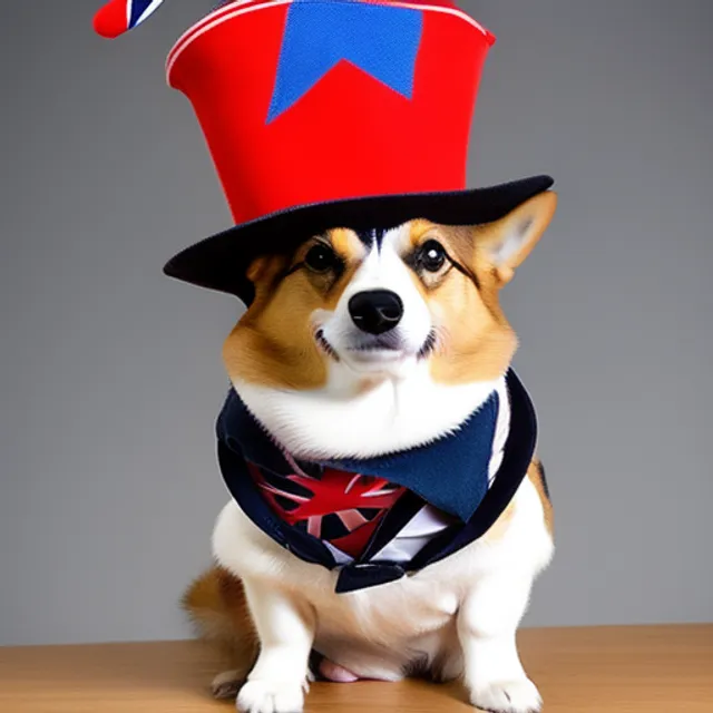 a corgi wearing a top hat with the Union Jack flag on it