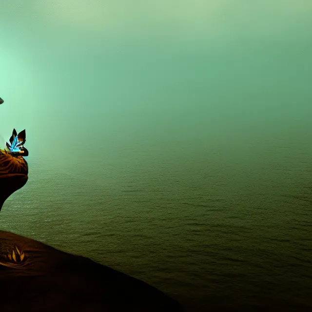 A woman sees a butterfly in the distance in the darkness, ornate, Dark Nymphet, Drypoint, side view, ArchViz rendering, 100mm, Digital painting, aquamarine colors, Weirdcore, hard lighting, Ultra-realistic, highly detailed, natural lighting, ocean environment, Unity engine, 8k