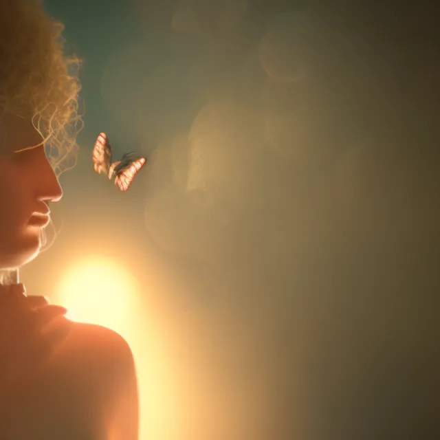 A woman sees a butterfly in the distance in the darkness, delicate, Dark Paradise, Matte Painting, upper body shot, Houdini rendering, Faded, Performance, orange colors, Vintage Retro, lens flare lighting, hyperrealistic intricate detail finely detailed ultra realistic Tonal Colors octane render 8k
