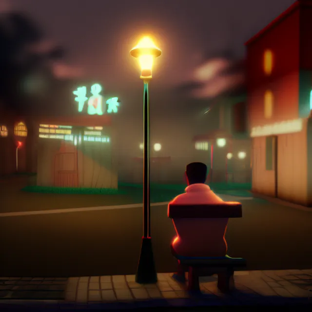 A man sitting on a bench with a streetlamp nearby at night, psychedelic, Beatnik, Game Night, close-up portrait, Sketchfab, High contrast, Digital painting, psychedelic colors, Gyaru, sun lighting, Realistic dramatic lighting, highly detailed environment, cinematic quality, Redshift render, 4k
