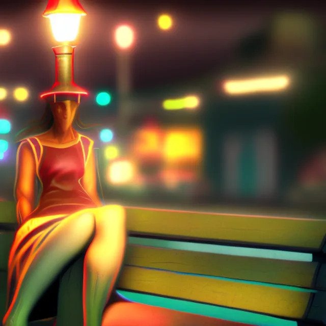 A man sitting on a bench with a streetlamp nearby at night, psychedelic, Beatnik, Game Night, close-up portrait, Sketchfab, High contrast, Digital painting, psychedelic colors, Gyaru, sun lighting, Realistic dramatic lighting, highly detailed environment, cinematic quality, Redshift render, 4k

