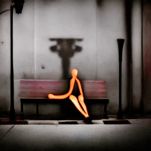 A man sitting on a bench with a streetlamp nearby at night, Powerful, Americana, chalk art, body shot, untextured, Faded, Sculpture, complement colors, Health Goth, laser lighting, High quality

