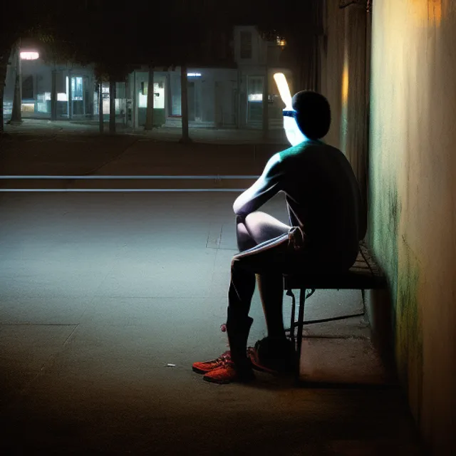A man sitting on a bench with a streetlamp nearby at night, Powerful, Americana, chalk art, body shot, untextured, Faded, Sculpture, complement colors, Health Goth, laser lighting, High quality

