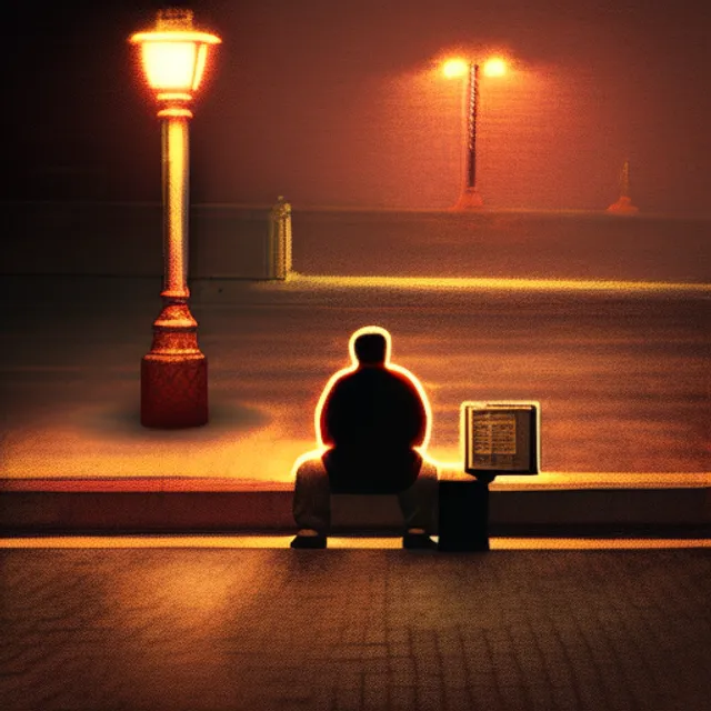 A man sitting on a bench with a streetlamp nearby at night, Serene, Dark Nautical, drawing, wide-angle, Character modeling, Faded, Tapestry, maroon colors, Hallyu, subsurface scattering lighting, 8-bit


