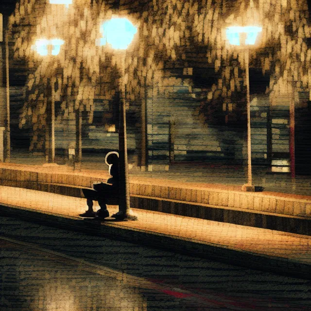 A man sitting on a bench with a streetlamp nearby at night, Serene, Dark Nautical, drawing, wide-angle, Character modeling, Faded, Tapestry, maroon colors, Hallyu, subsurface scattering lighting, 8-bit


