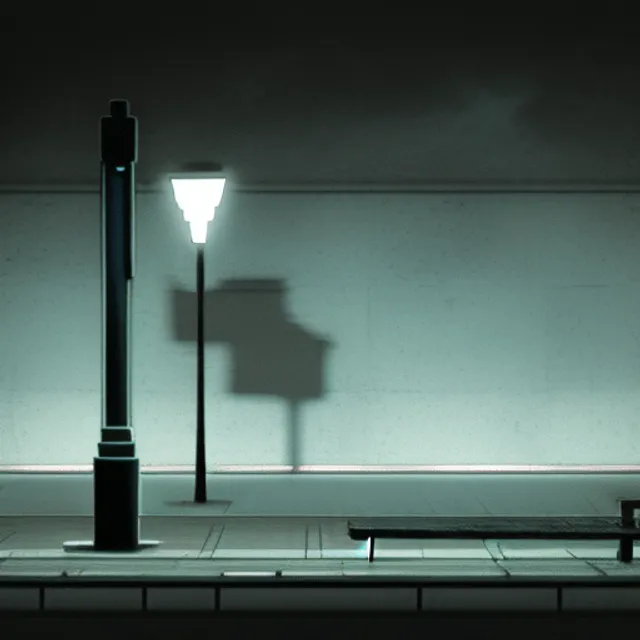 A man sitting on a bench with a streetlamp nearby at night, Energetic, Dark Academia, Glowwave, long shot, 2d platformer, 100mm, Sculpture, black colors, Grindhouse, strobe lighting, 16-bit



