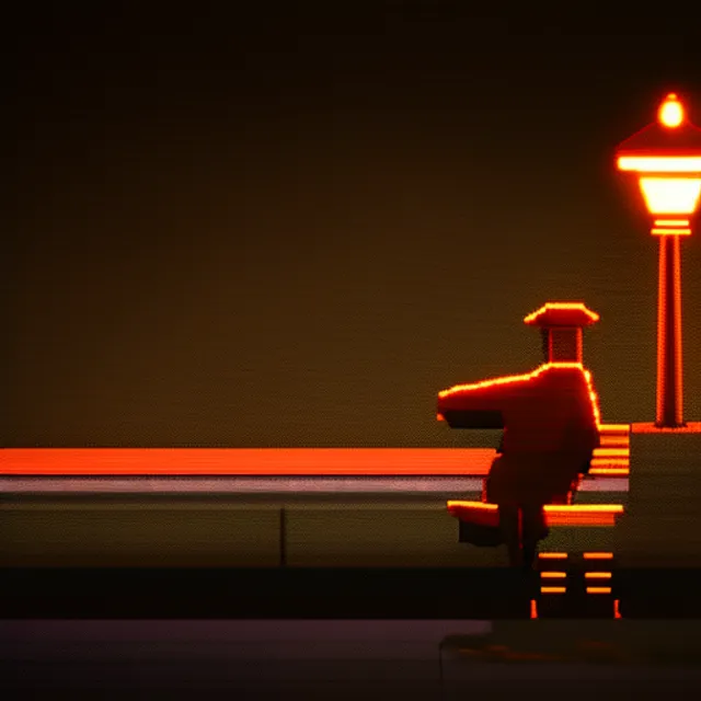 A man sitting on a bench with a streetlamp nearby at night, Energetic, Dark Academia, Glowwave, long shot, 2d platformer, 100mm, Sculpture, black colors, Grindhouse, strobe lighting, 16-bit



