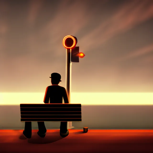 A man sitting on a bench with a streetlamp nearby at night, Majestic, Dark Nautical, Game Night, side view, untextured, 100mm, game asset, chintzy colors, Dreamlike, Aurora borealis lighting, Studio quality


