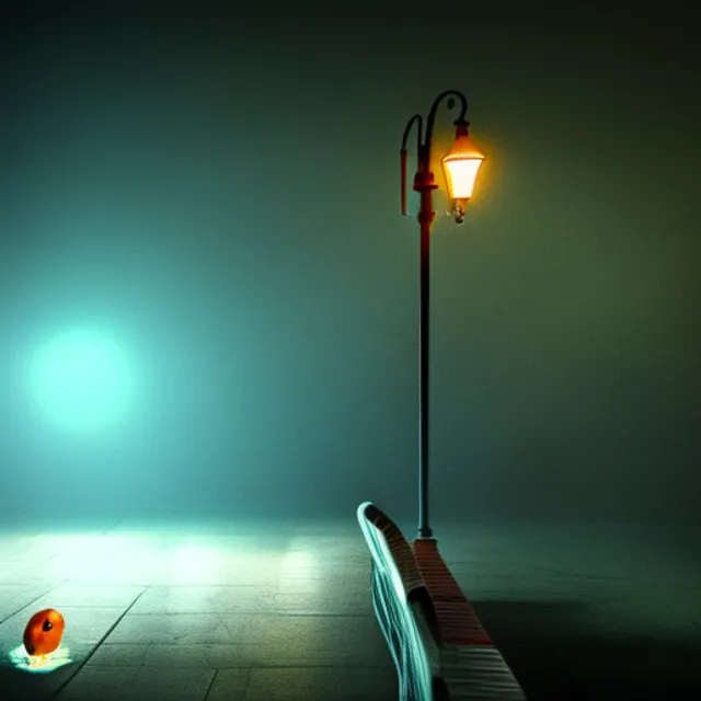 A man sitting on a bench with a streetlamp nearby at night, Ethereal, Dark Nautical, Glam Rock, wide shot, V-Ray rendering, 500px, tiles, colourful colors, Halloween, spot lighting, Hyper realistic, dramatic shadows, film noir style, 4k

