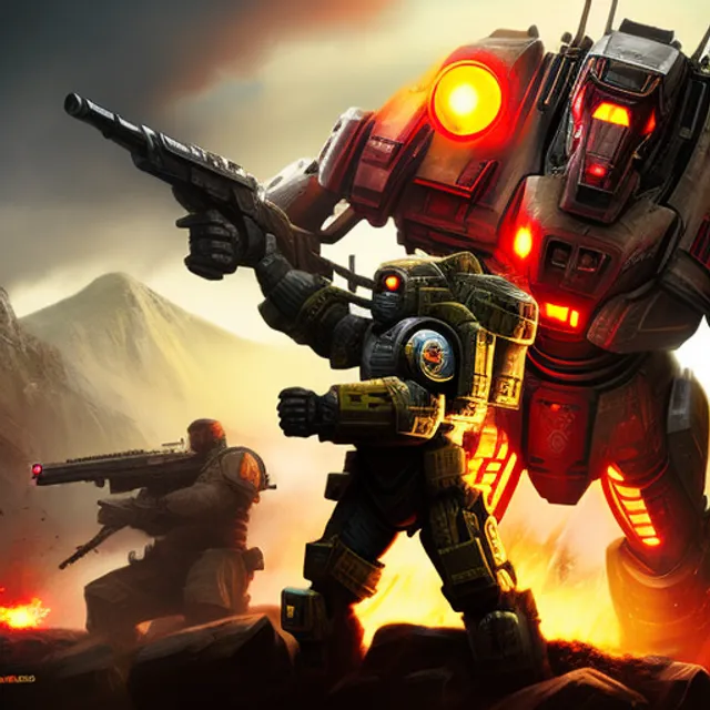 “mdjrny-v4 Create a dramatic and highly detailed poster art featuring a Titanfall Monarc Mech in the midst of a battle, firing a salvo of rockets from his shoulder mounted rockets. The Diablo 3 class character should be the centerpiece of the composition, with a dramatic pose and intense facial expression. The rockets should be depicted in mid-flight, with fiery trails. swap out the mech for a Diablo 3 class character”
